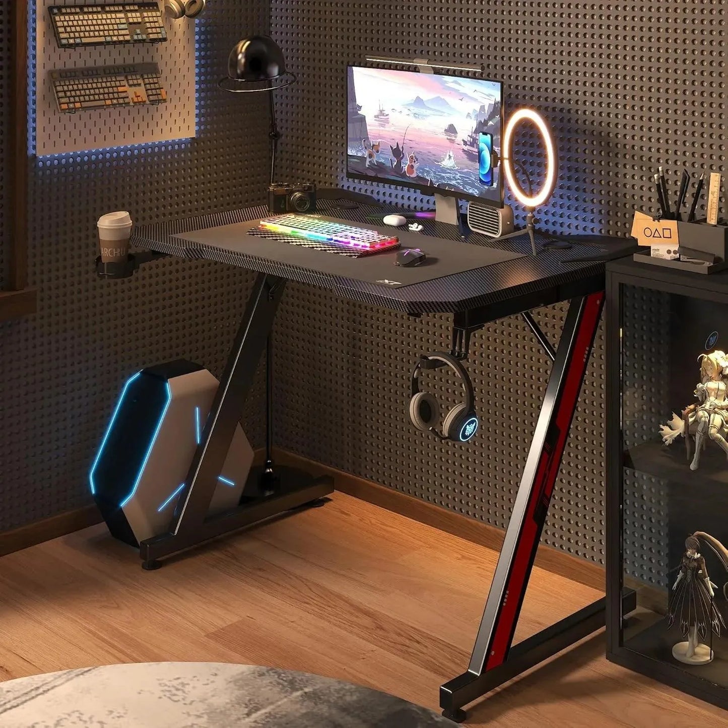 Gaming Desk Z-Shaped with Carbon Fiber Surface, Cup Holder & Hook - Games Nex Gen