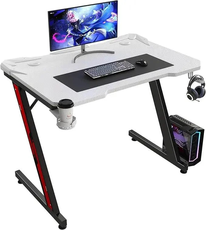 Gaming Desk Z-Shaped with Carbon Fiber Surface, Cup Holder & Hook - Games Nex Gen
