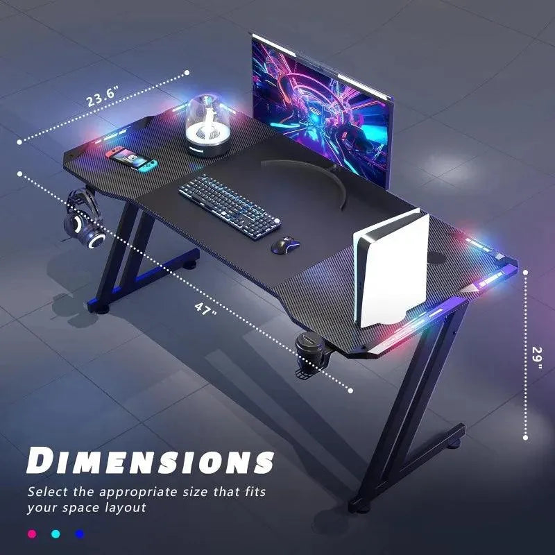 Gaming Desk with LED Lights, Carbon Fibre Surface, Z-Shaped - Games Nex Gen