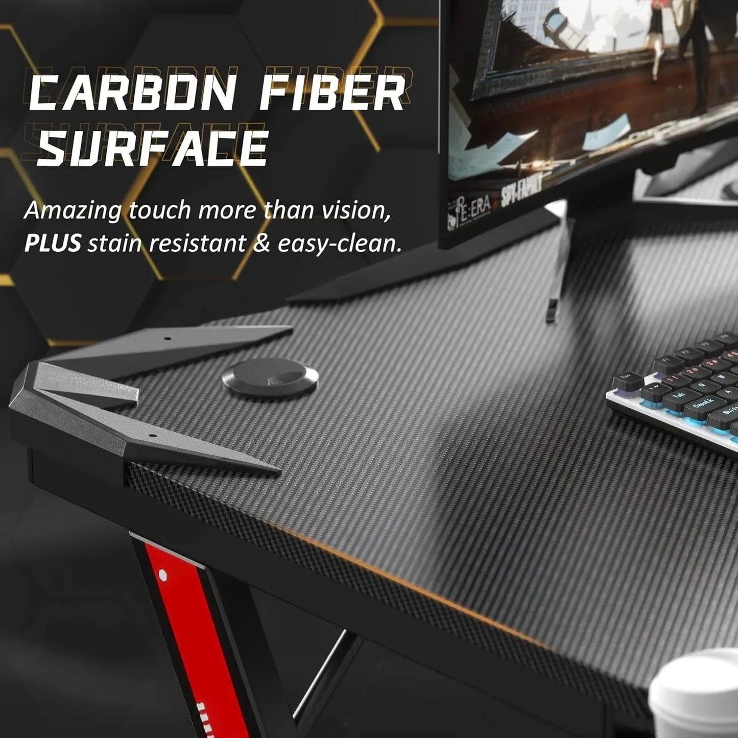 Gaming Desk Z-Shaped with Carbon Fiber Surface, Cup Holder & Hook - Games Nex Gen