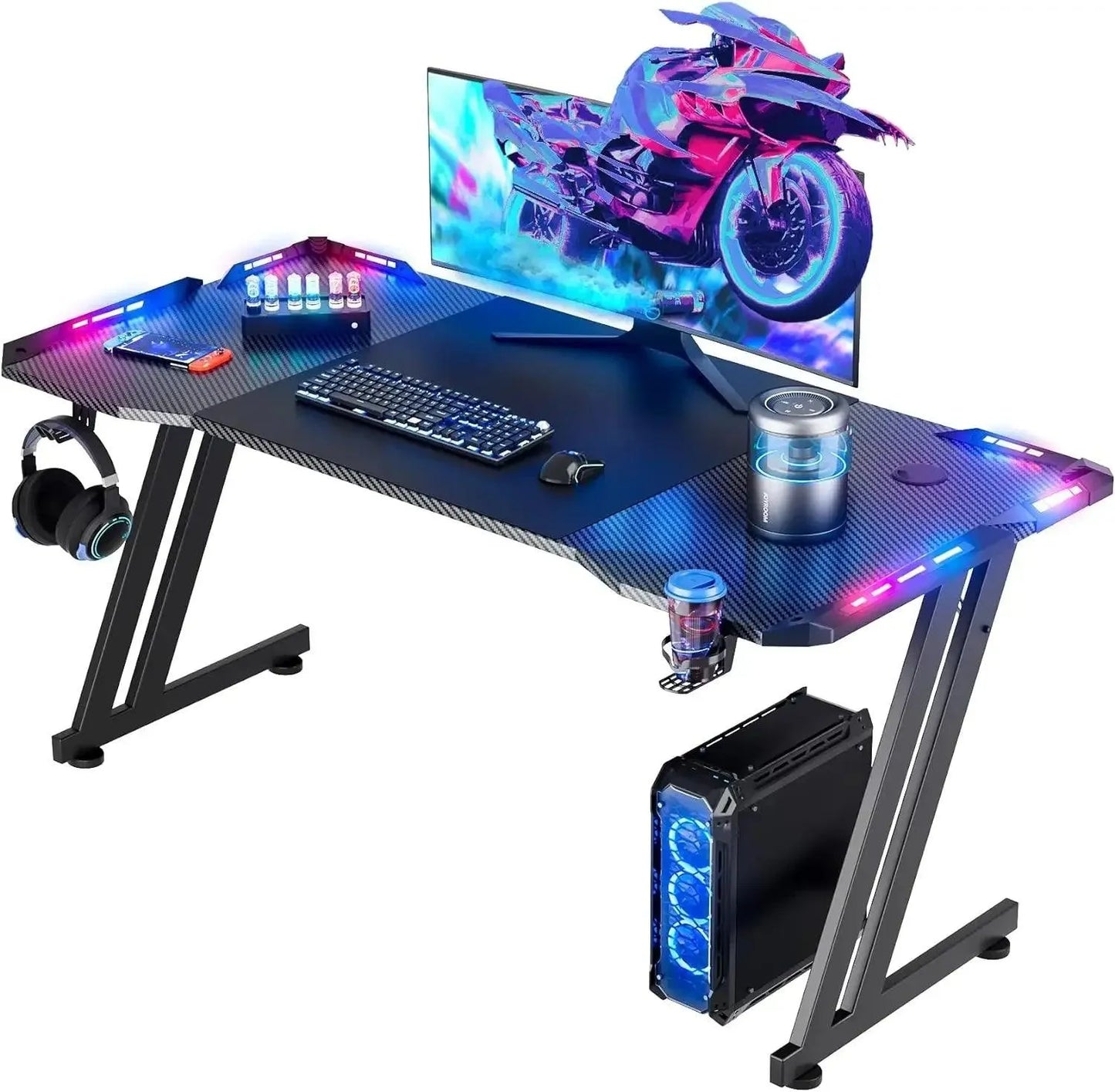 Gaming Desk with LED Lights, Carbon Fibre Surface, Z-Shaped - Games Nex Gen