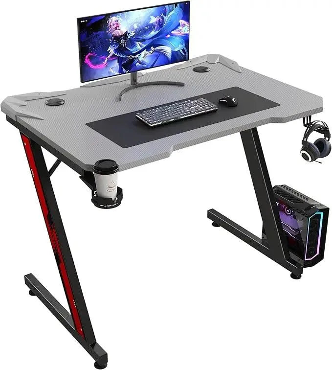 Gaming Desk Z-Shaped with Carbon Fiber Surface, Cup Holder & Hook - Games Nex Gen