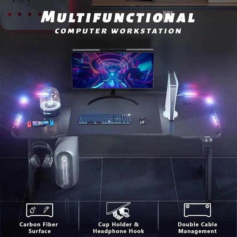 Gaming Desk with LED Lights, Carbon Fibre Surface, Z-Shaped - Games Nex Gen