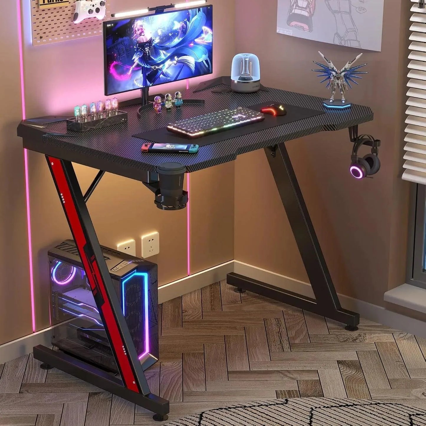 Gaming Desk Z-Shaped with Carbon Fiber Surface, Cup Holder & Hook - Games Nex Gen