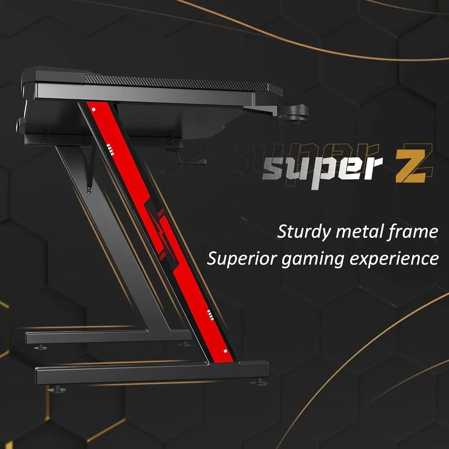 Gaming Desk Z-Shaped with Carbon Fiber Surface, Cup Holder & Hook - Games Nex Gen