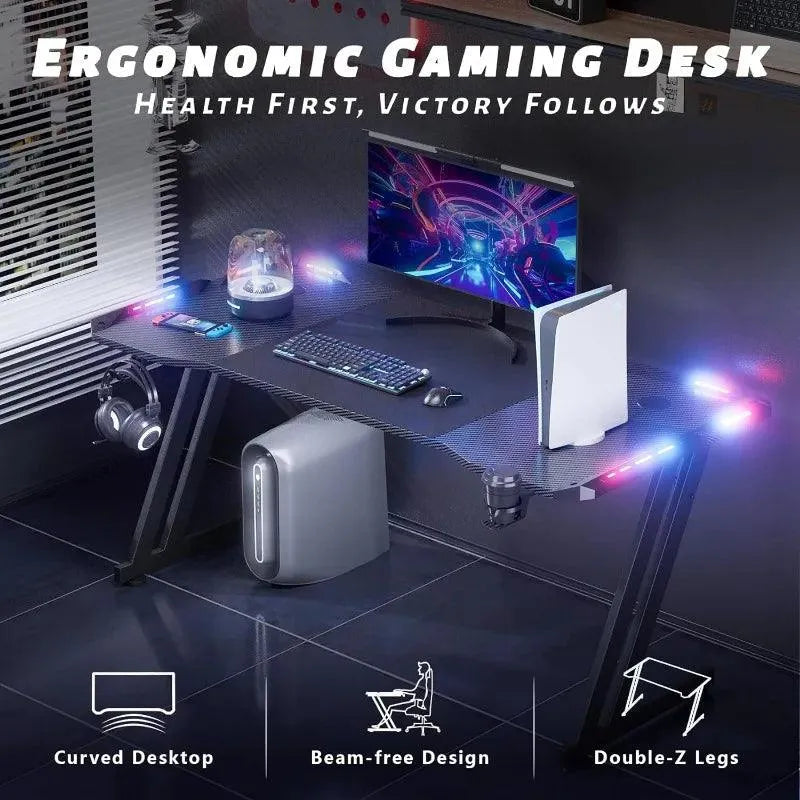 Gaming Desk with LED Lights, Carbon Fibre Surface, Z-Shaped - Games Nex Gen