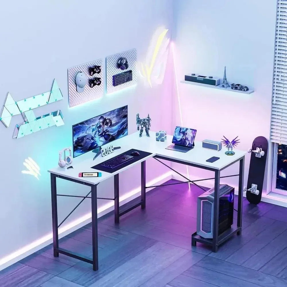 Shaped Computer Desk Wood Corner PC Gaming Table with Storage, White - Games Nex Gen