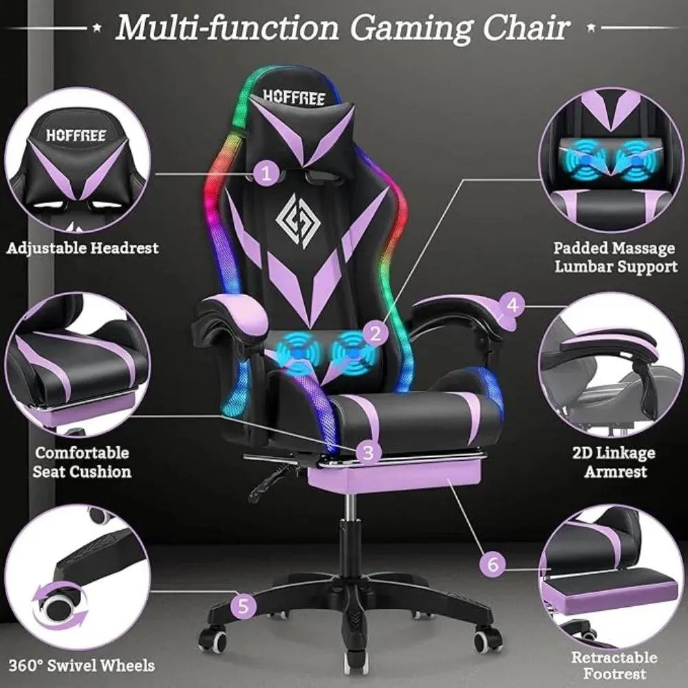 Gaming Chair with Massage, LED RGB Lights & Footrest - High Back Chair - Games Nex Gen