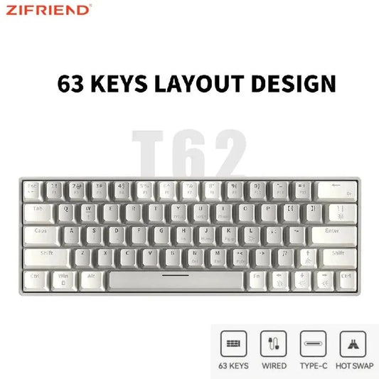 ZIFRIEND T62 Mechanical Keyboard 63 Keys RGB, Blue/Red Switches