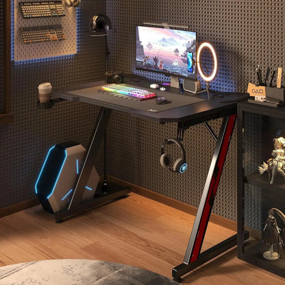 Gaming Desk Z-Shaped with Carbon Fiber Surface, Cup Holder & Hook - Games Nex Gen 