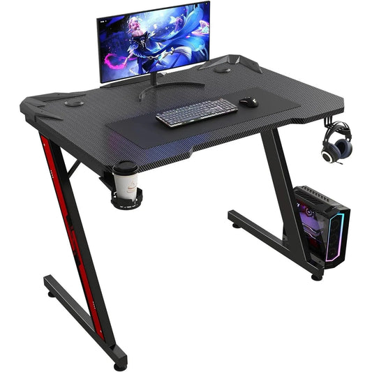 Gaming Desk Z-Shaped with Carbon Fiber Surface, Cup Holder & Hook - Games Nex Gen 