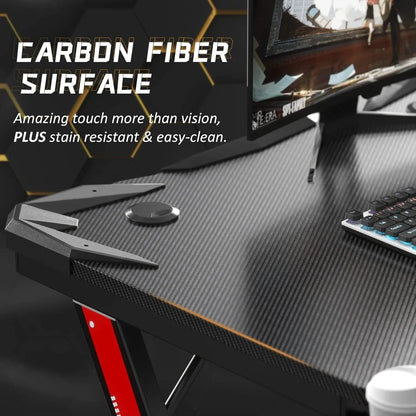 Gaming Desk Z-Shaped with Carbon Fiber Surface, Cup Holder & Hook - Games Nex Gen 