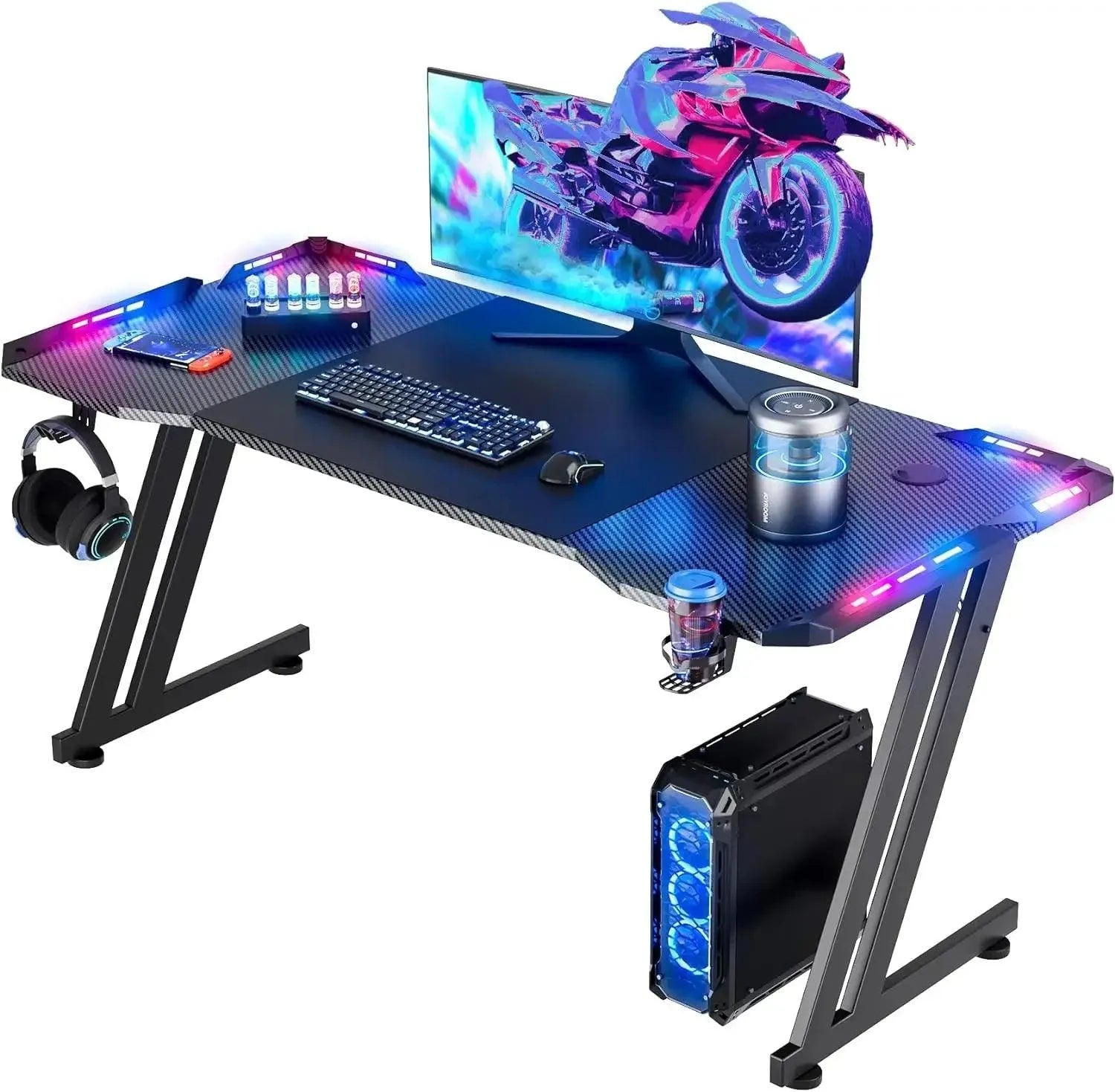 Gaming Desk with LED Lights, Carbon Fibre Surface, Z-Shaped - Games Nex Gen 