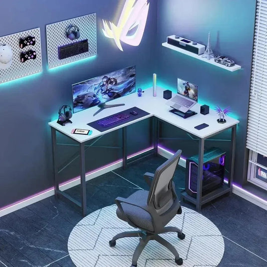 Shaped Computer Desk Wood Corner PC Gaming Table with Storage, White - Games Nex Gen 