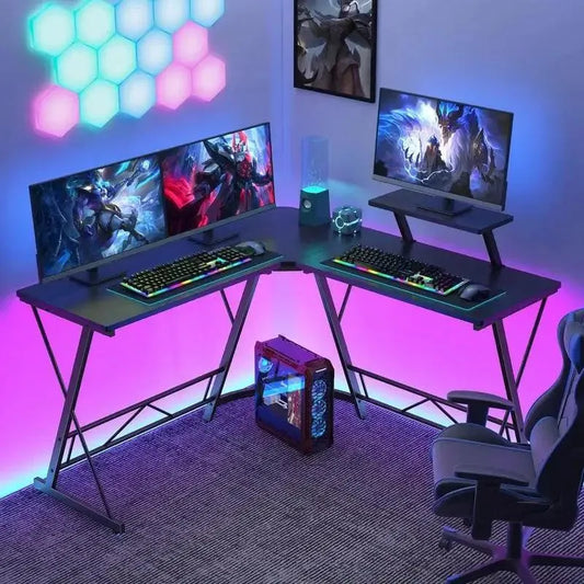 Shaped Computer Desk – Gaming Table Corner Desk, Black & Wooden - Games Nex Gen 