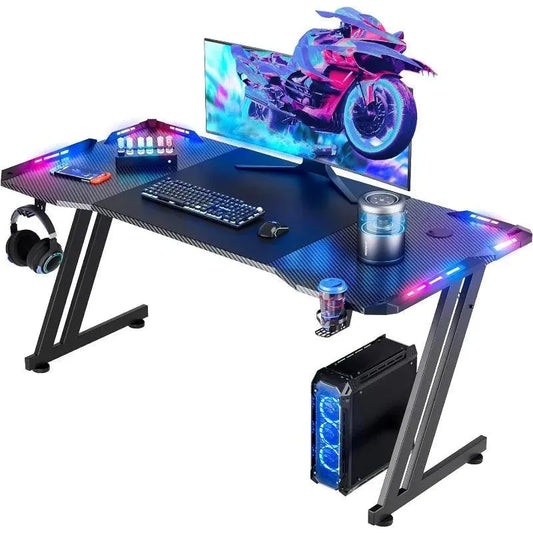 Gaming Desk with LED Lights, Carbon Fibre Surface, Z-Shaped - Games Nex Gen 