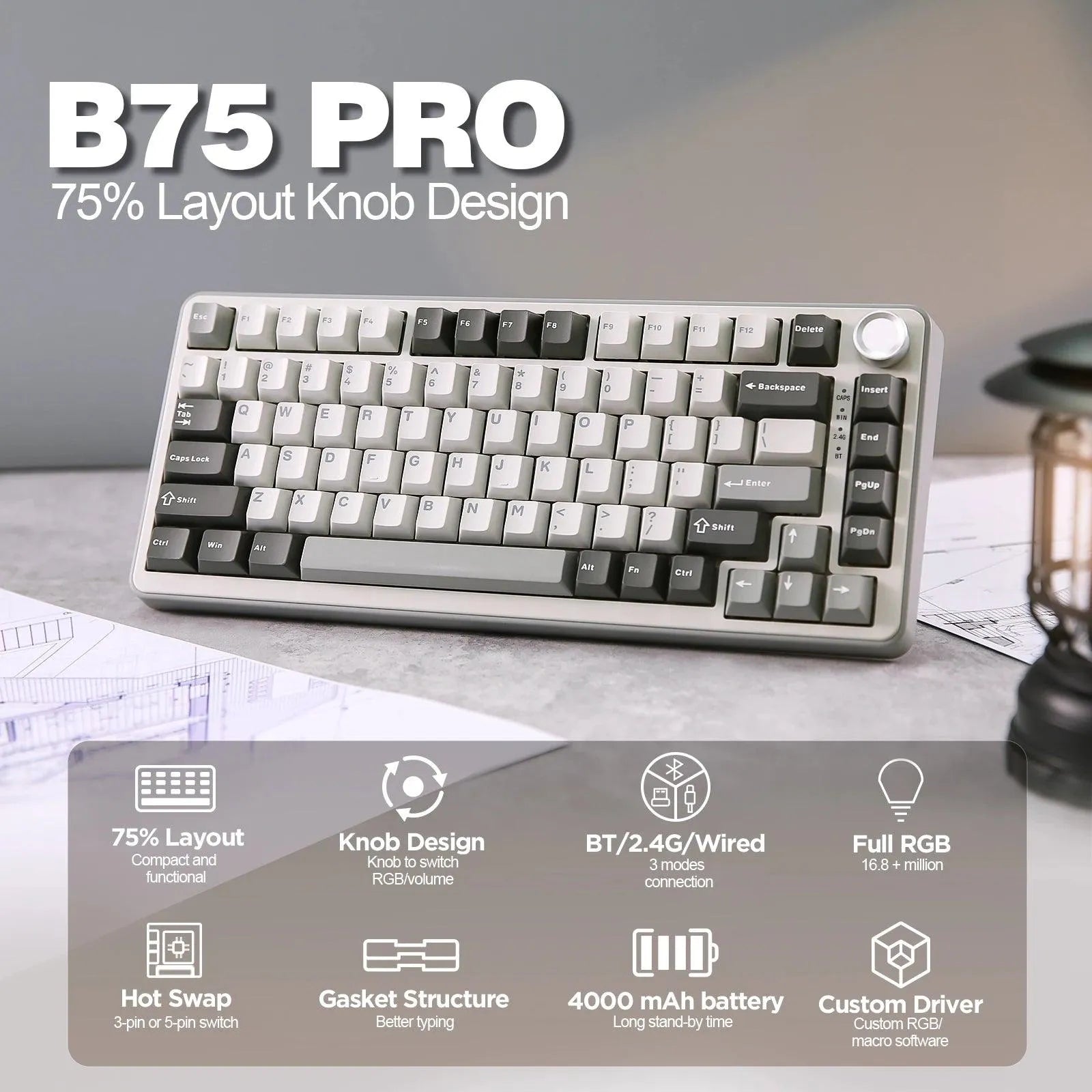 YUNZII B75 PRO 82-Key Wireless Mechanical Gaming Keyboard, RGB - Games Nex Gen 